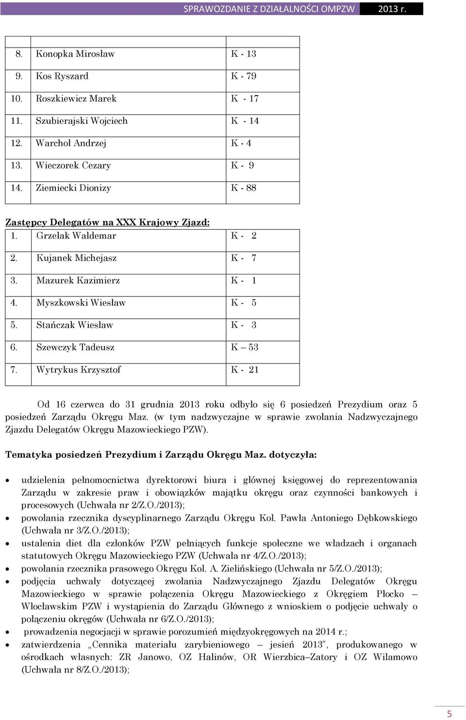 Stańczak Wiesław K - 3 6. Szewczyk Tadeusz K 53 7. Wytrykus Krzysztof K - 21 Od 16 czerwca do 31 grudnia 2013 roku odbyło się 6 posiedzeń Prezydium oraz 5 posiedzeń Zarządu Okręgu Maz.