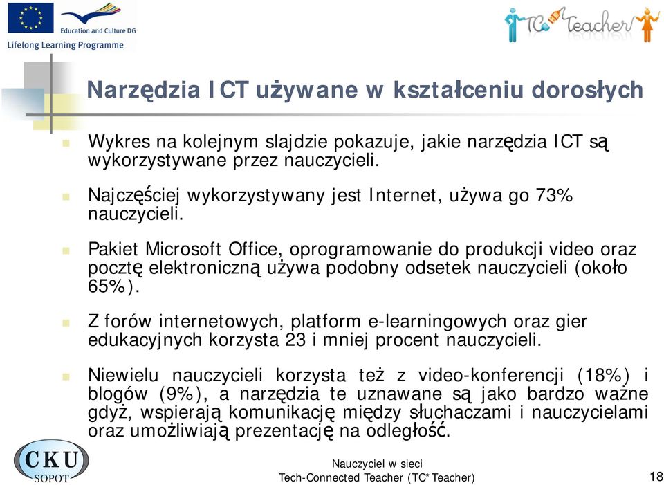 Pakiet Microsoft Office, oprogramowanie do produkcji video oraz pocztę elektroniczną używa podobny odsetek nauczycieli (około 65%).