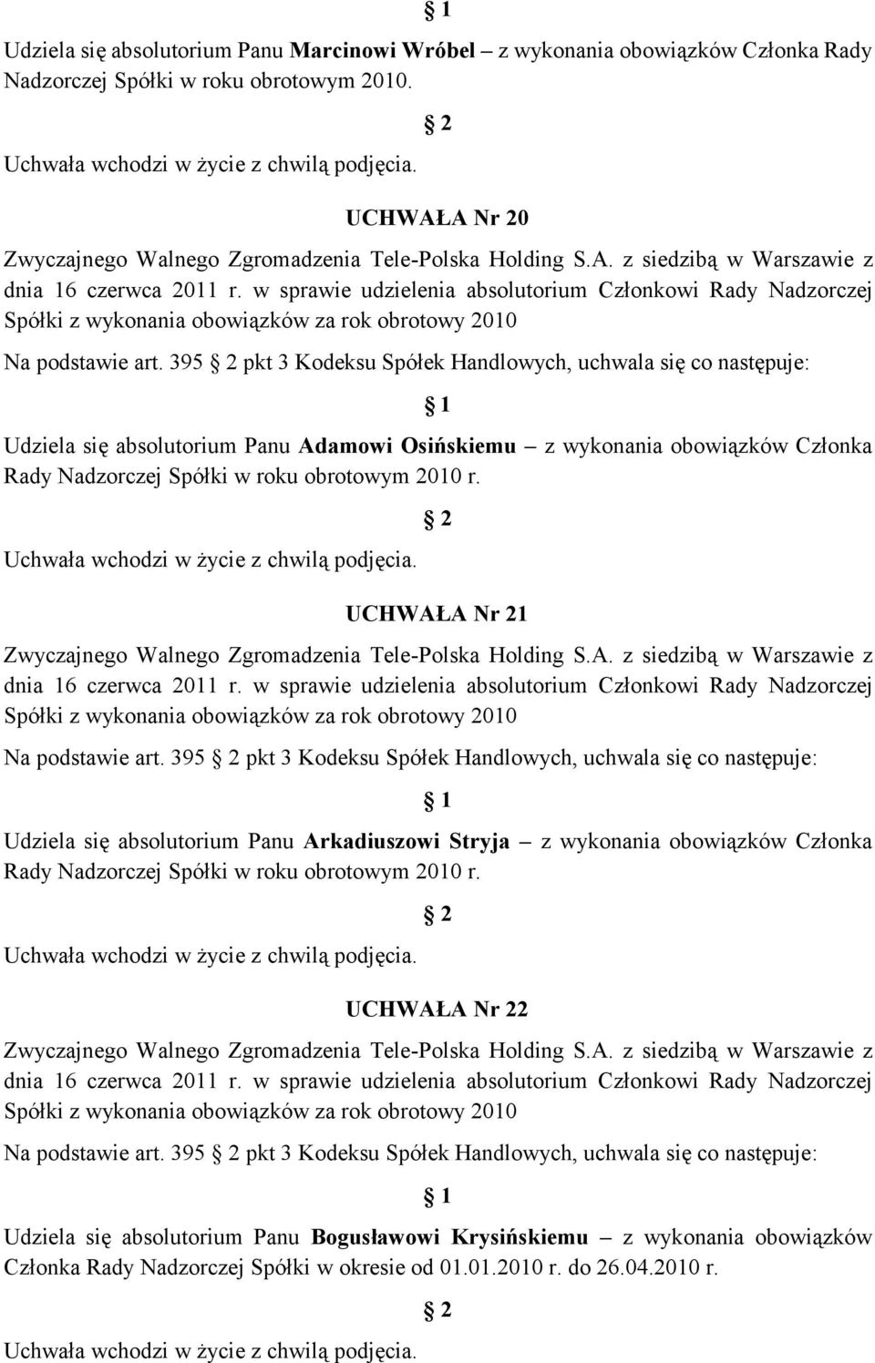 395 pkt 3 Kodeksu Spółek Handlowych, uchwala się co następuje: Udziela się absolutorium Panu Adamowi Osińskiemu z wykonania obowiązków Członka Rady Nadzorczej Spółki w roku obrotowym 2010 r.