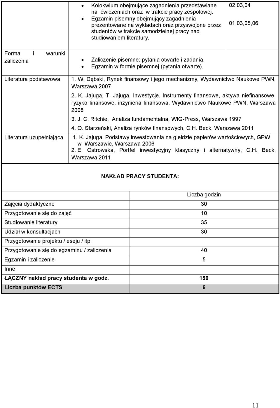 02,03,04 01,03,05,06 Forma i warunki zaliczenia Zaliczenie pisemne: pytania otwarte i zadania. Egzamin w formie pisemnej (pytania otwarte). Literatura podstawowa 1. W.