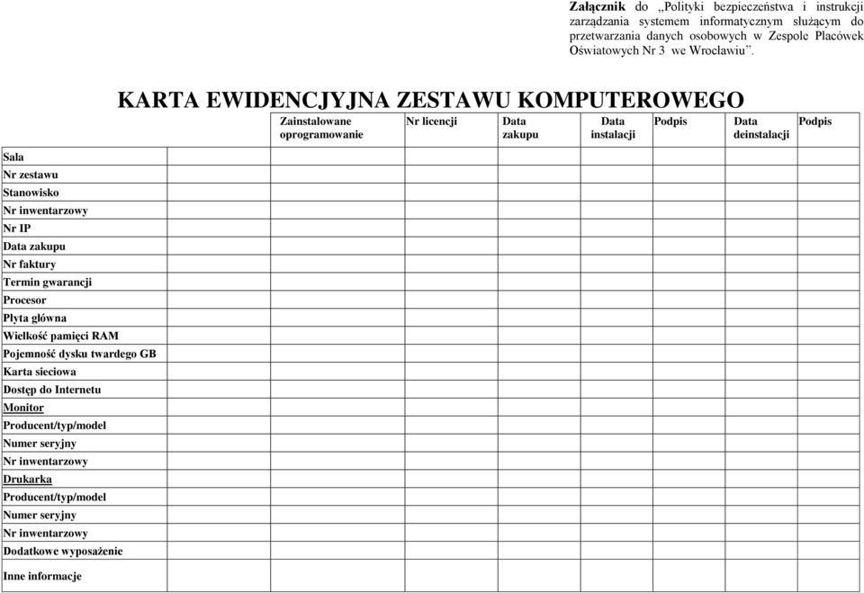 KARTA EWIDENCJYJNA ZESTAWU KOMPUTEROWEGO Zainstalowane oprogramowanie Nr licencji Data zakupu Data instalacji Podpis Data deinstalacji Podpis Sala Nr zestawu Stanowisko