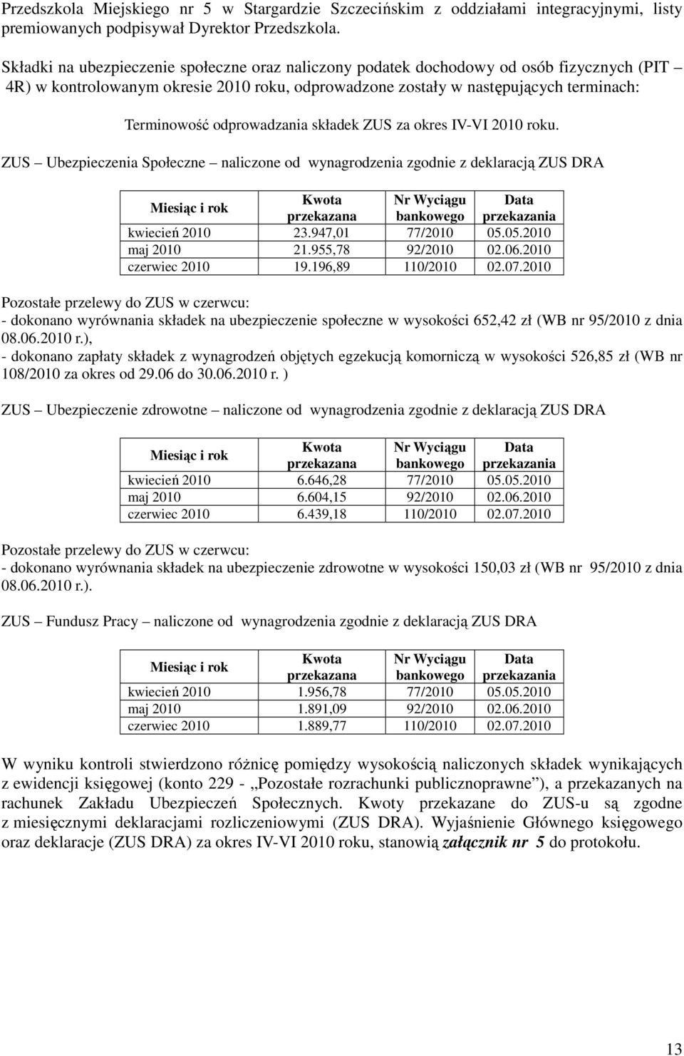 odprowadzania składek ZUS za okres IV-VI 2010 roku.