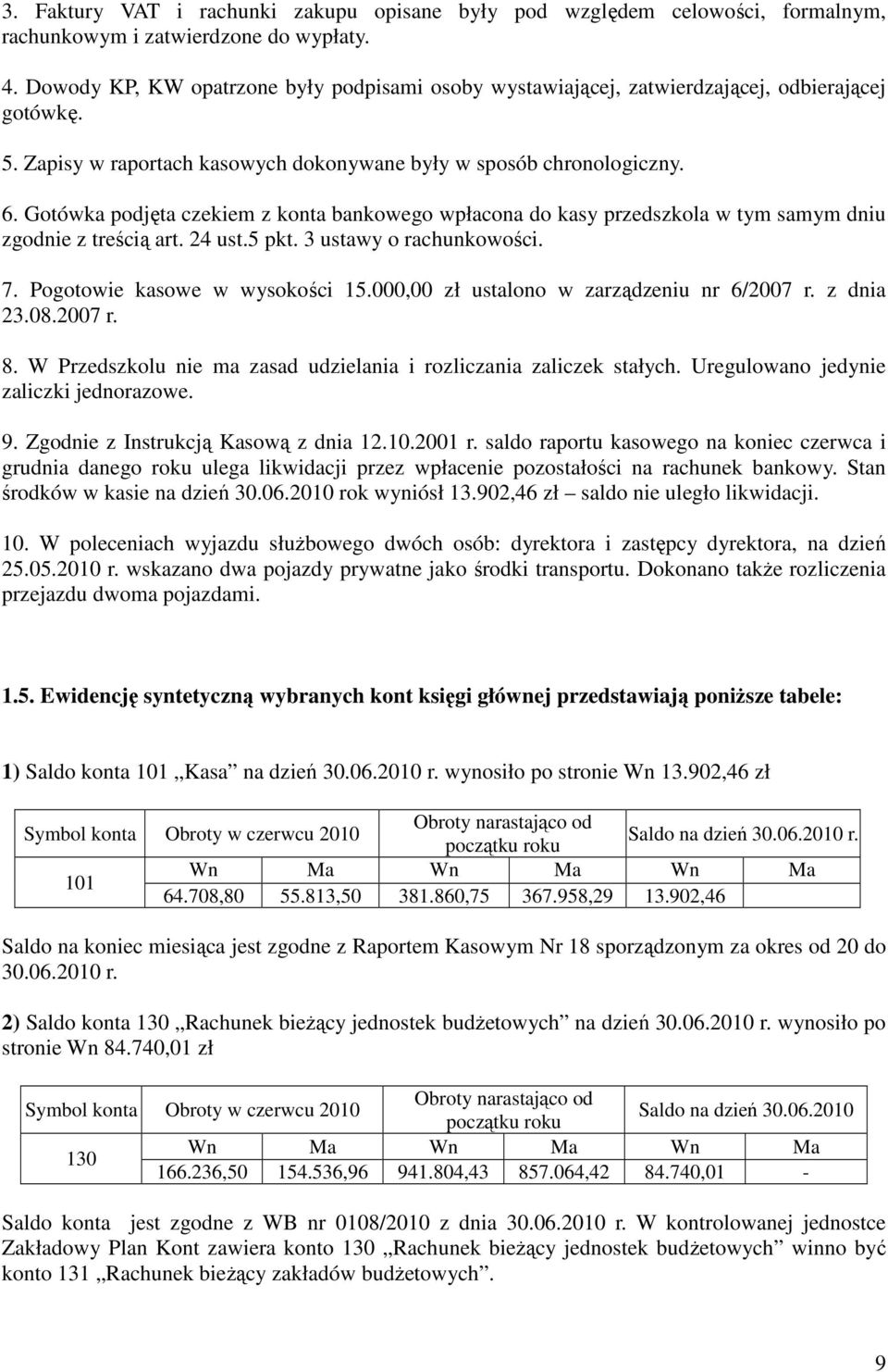 Gotówka podjęta czekiem z konta bankowego wpłacona do kasy przedszkola w tym samym dniu zgodnie z treścią art. 24 ust.5 pkt. 3 ustawy o rachunkowości. 7. Pogotowie kasowe w wysokości 15.