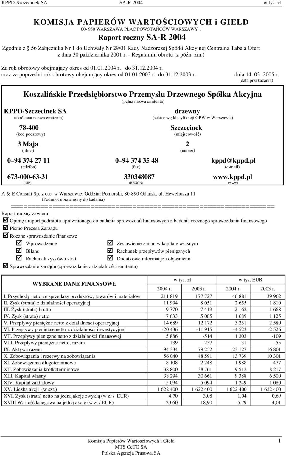 (data przekazania) Koszaliskie Przedsibiorstwo Przemysłu Drzewnego Spółka Akcyjna (pełna nazwa emitenta) KPPD-Szczecinek SA (skrócona nazwa emitenta) A & E Consult Sp. z o.o. w Warszawie, Oddział Pomorski, 80-890 Gdask, ul.