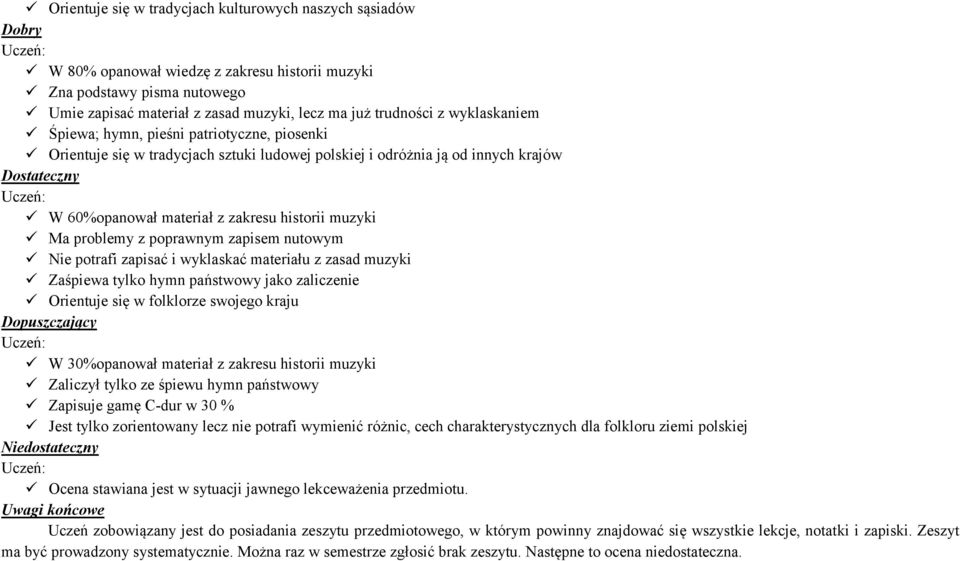 zapisem nutowym Nie potrafi zapisać i wyklaskać materiału z zasad muzyki Zaśpiewa tylko hymn państwowy jako zaliczenie Orientuje się w folklorze swojego kraju Dopuszczający W 30%opanował materiał z