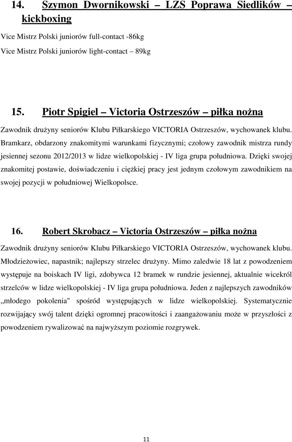 Bramkarz, obdarzony znakomitymi warunkami fizycznymi; czołowy zawodnik mistrza rundy jesiennej sezonu 2012/2013 w lidze wielkopolskiej - IV liga grupa południowa.