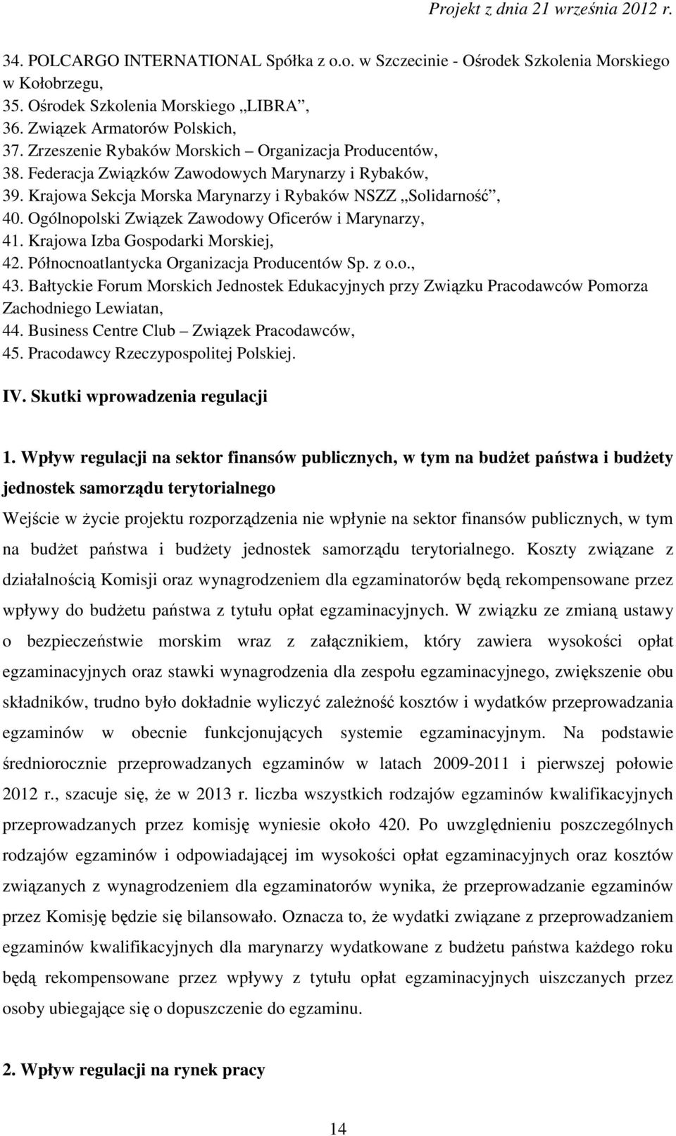 Ogólnopolski Związek Zawodowy Oficerów i Marynarzy, 41. Krajowa Izba Gospodarki Morskiej, 42. Północnoatlantycka Organizacja Producentów Sp. z o.o., 43.