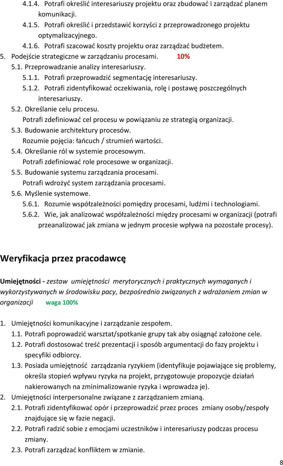 5.1.2. Potrafi zidentyfikować oczekiwania, rolę i postawę poszczególnych interesariuszy. 5.2. Określanie celu procesu. Potrafi zdefiniować cel procesu w powiązaniu ze strategią organizacji. 5.3.