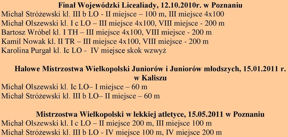 II TR III miejsce 4x100, VIII miejsce - 200 m Karolina Purgał kl. Ic LO - IV miejsce skok wzwyż Halowe Mistrzostwa Wielkopolski Juniorów i Juniorów młodszych, 15.01.2011 r.