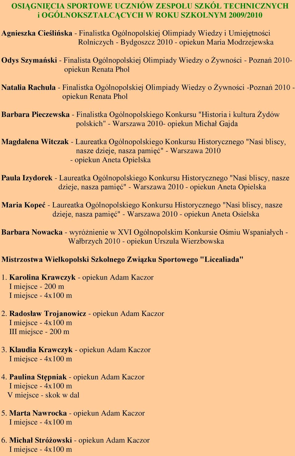 Olimpiady Wiedzy o Żywności -Poznań 2010 - opiekun Renata Phol Barbara Pieczewska - Finalistka Ogólnopolskiego Konkursu "Historia i kultura Żydów polskich" - Warszawa 2010- opiekun Michał Gajda