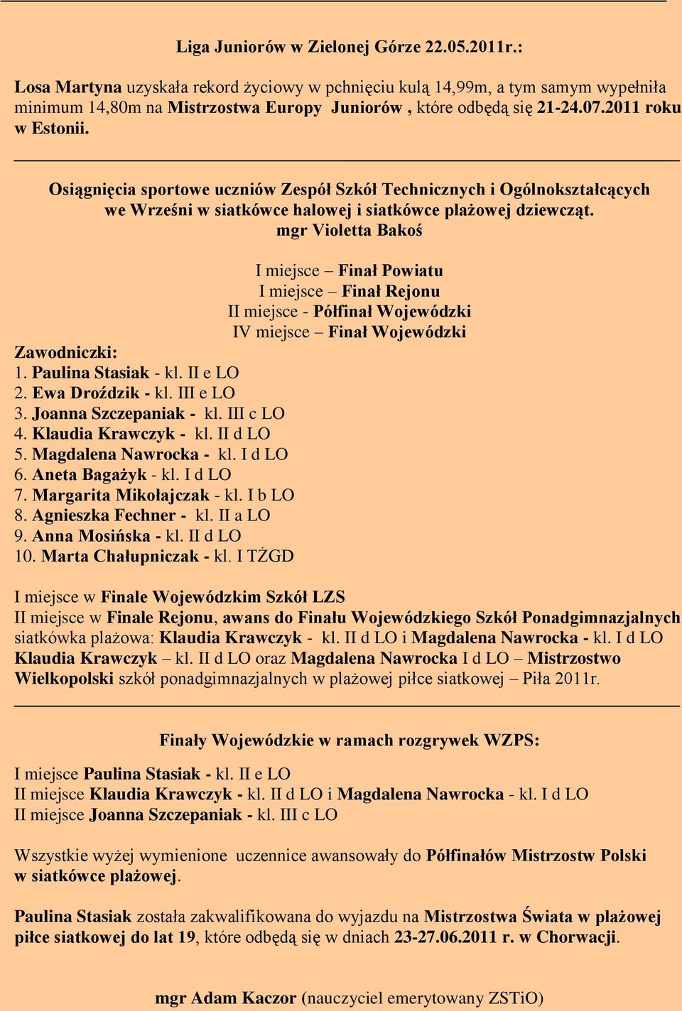 mgr Violetta Bakoś I miejsce Finał Powiatu I miejsce Finał Rejonu II miejsce - Półfinał Wojewódzki IV miejsce Finał Wojewódzki Zawodniczki: 1. Paulina Stasiak - kl. II e LO 2. Ewa Droździk - kl.