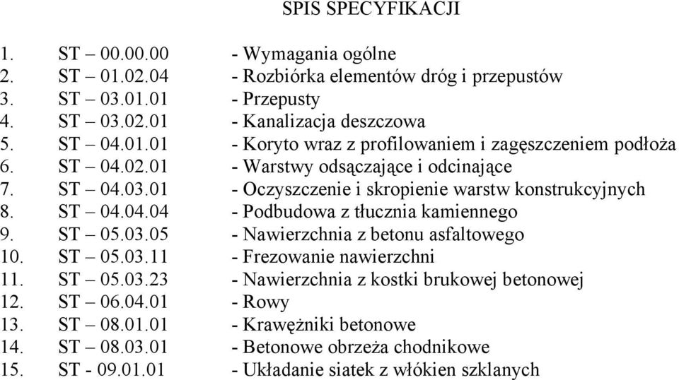 01 - Oczyszczenie i skropienie warstw konstrukcyjnych 8. ST 04.04.04 - Podbudowa z tłucznia kamiennego 9. ST 05.03.05 - Nawierzchnia z betonu asfaltowego 10. ST 05.03.11 - Frezowanie nawierzchni 11.