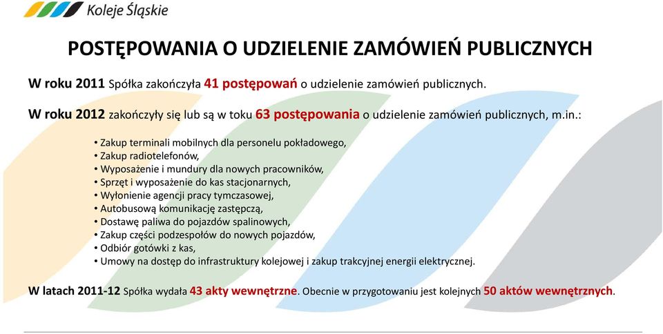 : Zakup terminali mobilnych dla personelu pokładowego, Zakup radiotelefonów, Wyposażenie ż i mundury dla nowych pracowników, Sprzęt i wyposażenie do kas stacjonarnych, Wyłonienie agencji pracy