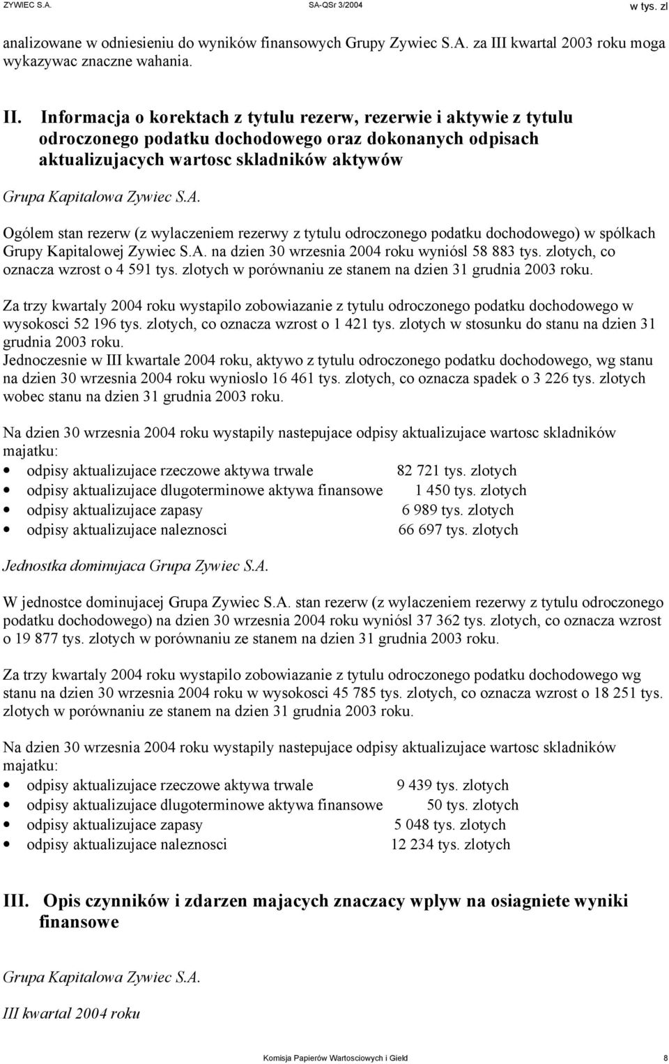 Informacja o korektach z tytulu rezerw, rezerwie i aktywie z tytulu odroczonego podatku dochodowego oraz dokonanych odpisach aktualizujacych wartosc skladników aktywów Grupa Kapitalowa Zywiec S.A.