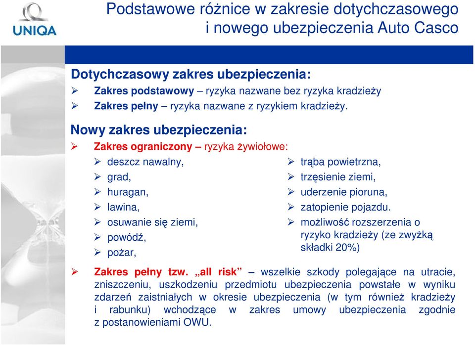 Nowy zakres ubezpieczenia: Zakres ograniczony ryzyka Ŝywiołowe: deszcz nawalny, grad, huragan, lawina, osuwanie się ziemi, powódź, poŝar, trąba powietrzna, trzęsienie ziemi, uderzenie pioruna,