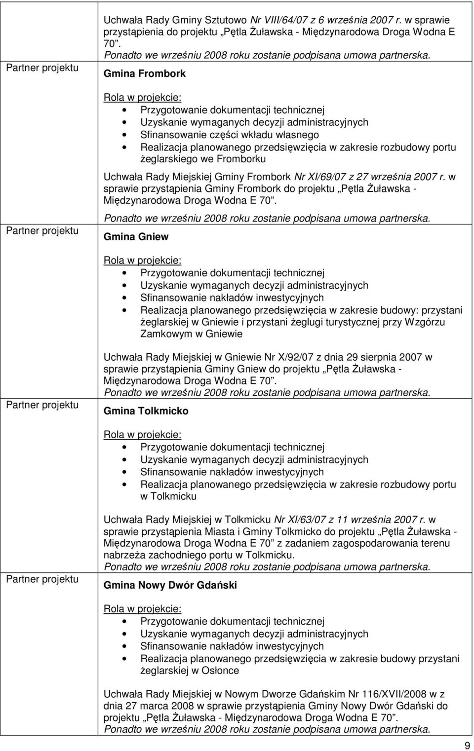 Gmina Frombork Rola w projekcie: Przygotowanie dokumentacji technicznej Uzyskanie wymaganych decyzji administracyjnych Sfinansowanie części wkładu własnego Realizacja planowanego przedsięwzięcia w