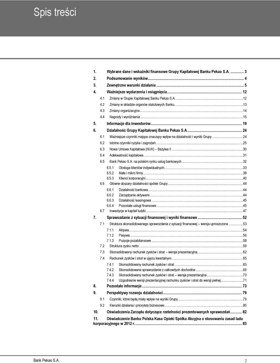 Informacje dla inwestorów... 19 6. Działalność Grupy Kapitałowej Banku Pekao S.A.... 24 6.1 Ważniejsze czynniki mające znaczący wpływ na działalność i wyniki Grupy...24 6.2 Istotne czynniki ryzyka i zagrożeń.