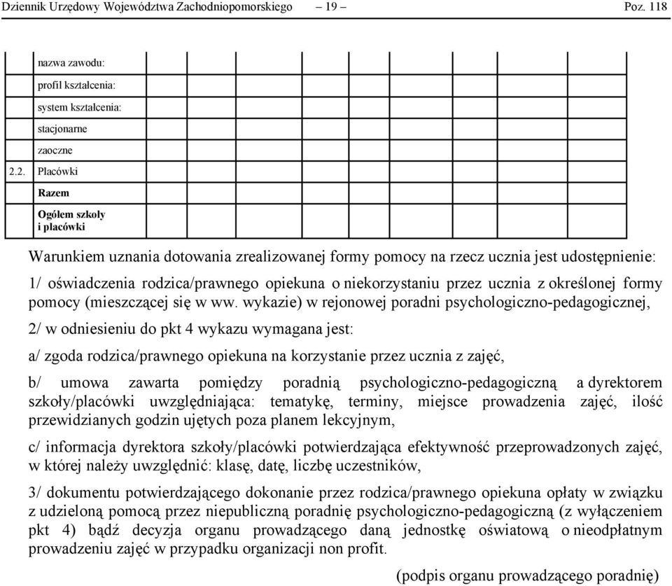 ucznia z określonej formy pomocy (mieszczącej się w ww.