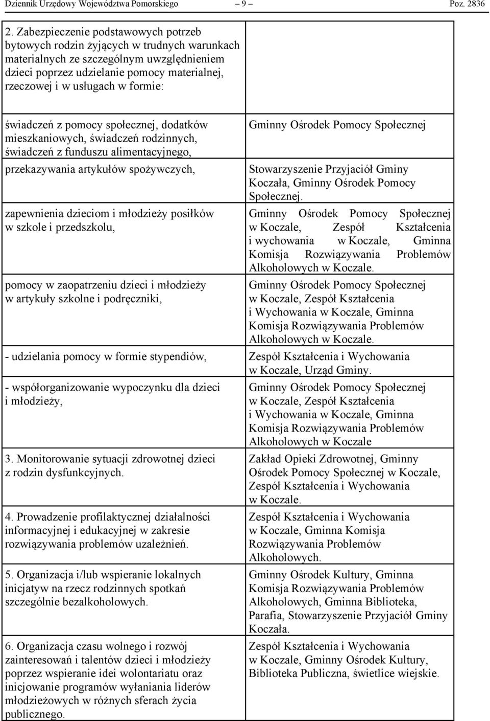 formie: świadczeń z pomocy społecznej, dodatków mieszkaniowych, świadczeń rodzinnych, świadczeń z funduszu alimentacyjnego, przekazywania artykułów spożywczych, zapewnienia dzieciom i młodzieży