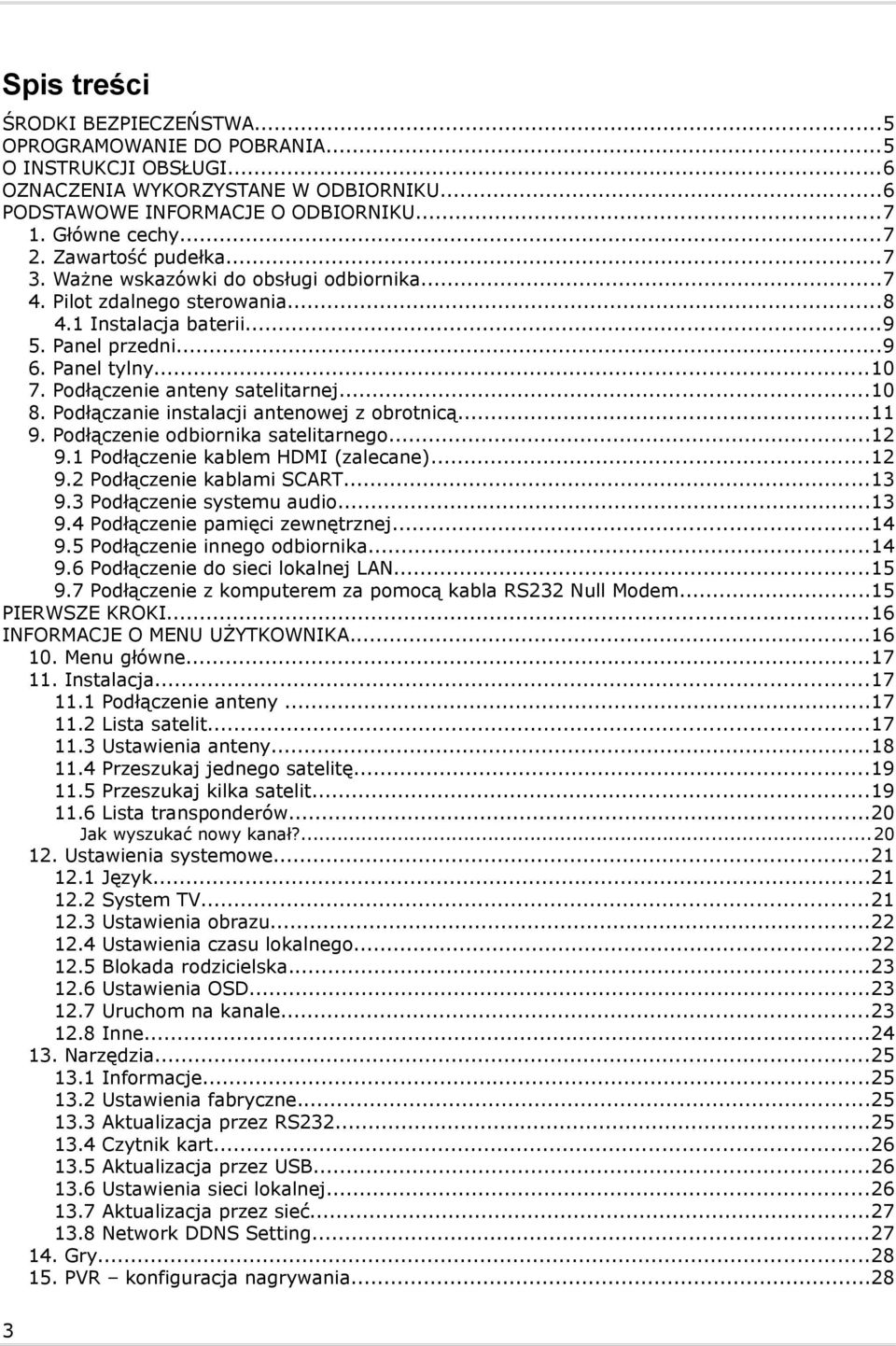 Podłączenie anteny satelitarnej...10 8. Podłączanie instalacji antenowej z obrotnicą...11 9. Podłączenie odbiornika satelitarnego...12 9.1 Podłączenie kablem HDMI (zalecane)...12 9.2 Podłączenie kablami SCART.