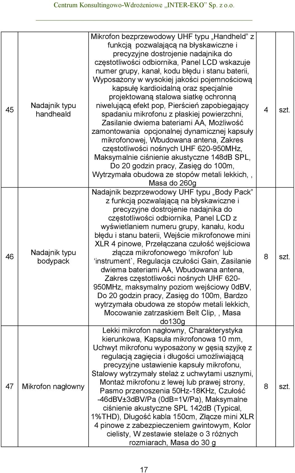 siatkę ochronną niwelującą efekt pop, Pierścień zapobiegający spadaniu mikrofonu z płaskiej powierzchni, Zasilanie dwiema bateriami AA, Możliwość zamontowania opcjonalnej dynamicznej kapsuły