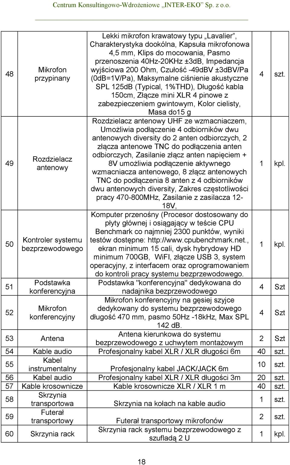 o-Wdrożeniowe INTER-EKO Sp. z o.o. Mikrofon przypinany Rozdzielacz antenowy Kontroler systemu bezprzewodowego Podstawka konferencyjna Mikrofon konferencyjny 53 Antena Lekki mikrofon krawatowy typu