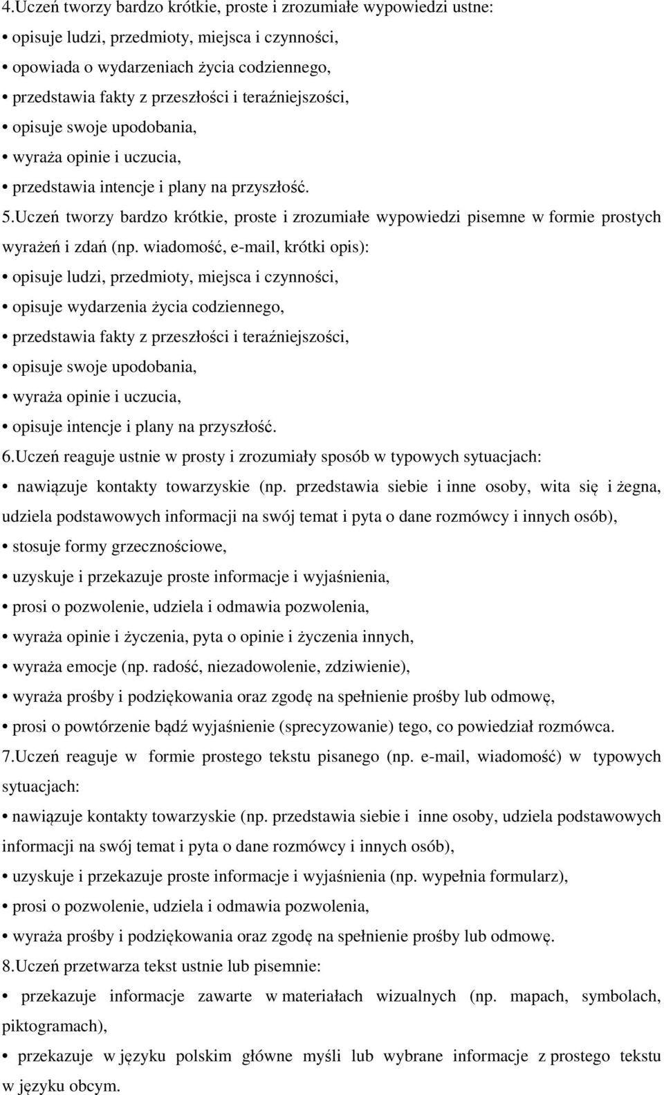 Uczeń tworzy bardzo krótkie, proste i zrozumiałe wypowiedzi pisemne w formie prostych wyrażeń i zdań (np.