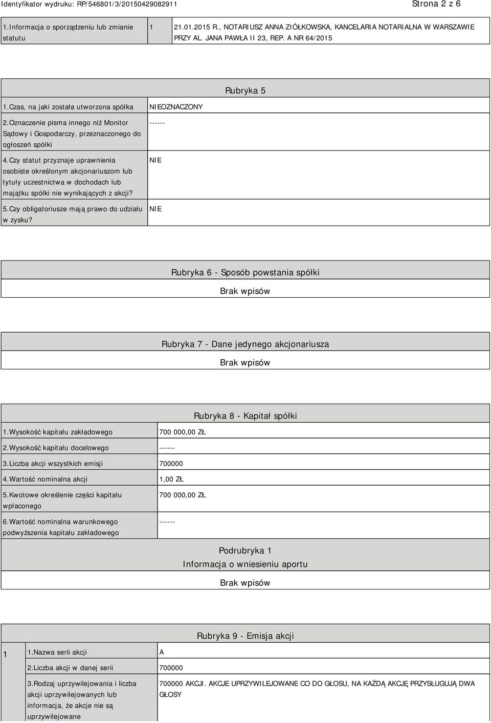 Czy statut przyznaje uprawnienia osobiste określonym akcjonariuszom lub tytuły uczestnictwa w dochodach lub majątku spółki nie wynikających z akcji? 5.Czy obligatoriusze mają prawo do udziału w zysku?