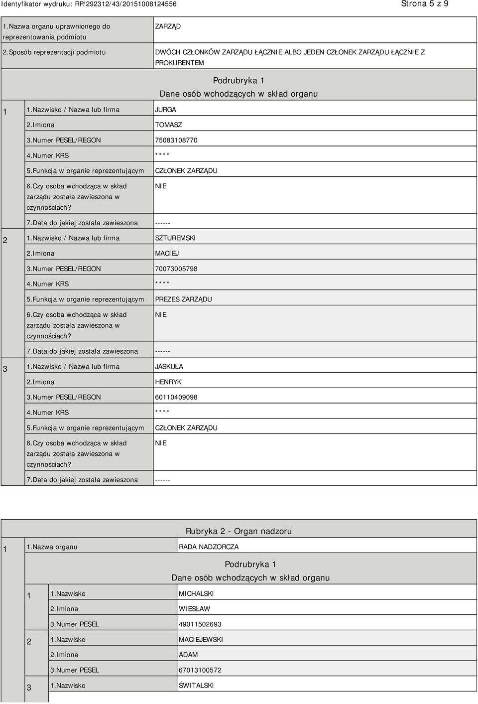 Czy osoba wchodząca w skład zarządu została zawieszona w czynnościach? CZŁONEK ZARZĄDU 7.Data do jakiej została zawieszona ------ 2 1.Nazwisko / Nazwa lub firma SZTUREMSKI MACIEJ 3.