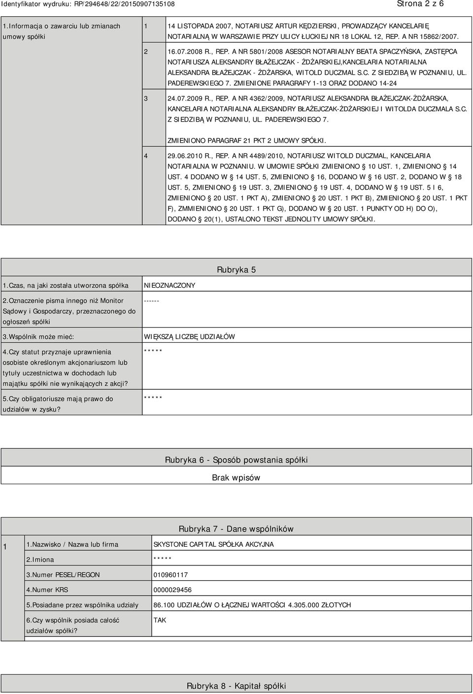 A NR 5801/2008 ASESOR NOTARIALNY BEATA SPACZYŃSKA, ZASTĘPCA NOTARIUSZA ALEKSANDRY BŁAŻEJCZAK - ŻDŻARSKIEJ,KANCELARIA NOTARIALNA ALEKSANDRA BŁAŻEJCZAK - ŻDŻARSKA, WITOLD DUCZMAL S.C. Z SIEDZIBĄ W POZNANIU, UL.