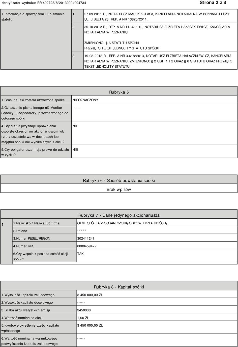 A NR 1104/2012, NOTARIUSZ ELŻBIETA HAŁACZKIEWICZ, KANCELARIA NOTARIALNA W POZNANIU ZMIENIONO: 6 STATUTU SPÓŁKI PRZYJĘTO TEKST JEDNOLITY STATUTU SPÓŁKI 3 19-08-2013 R., REP. A NR 3.