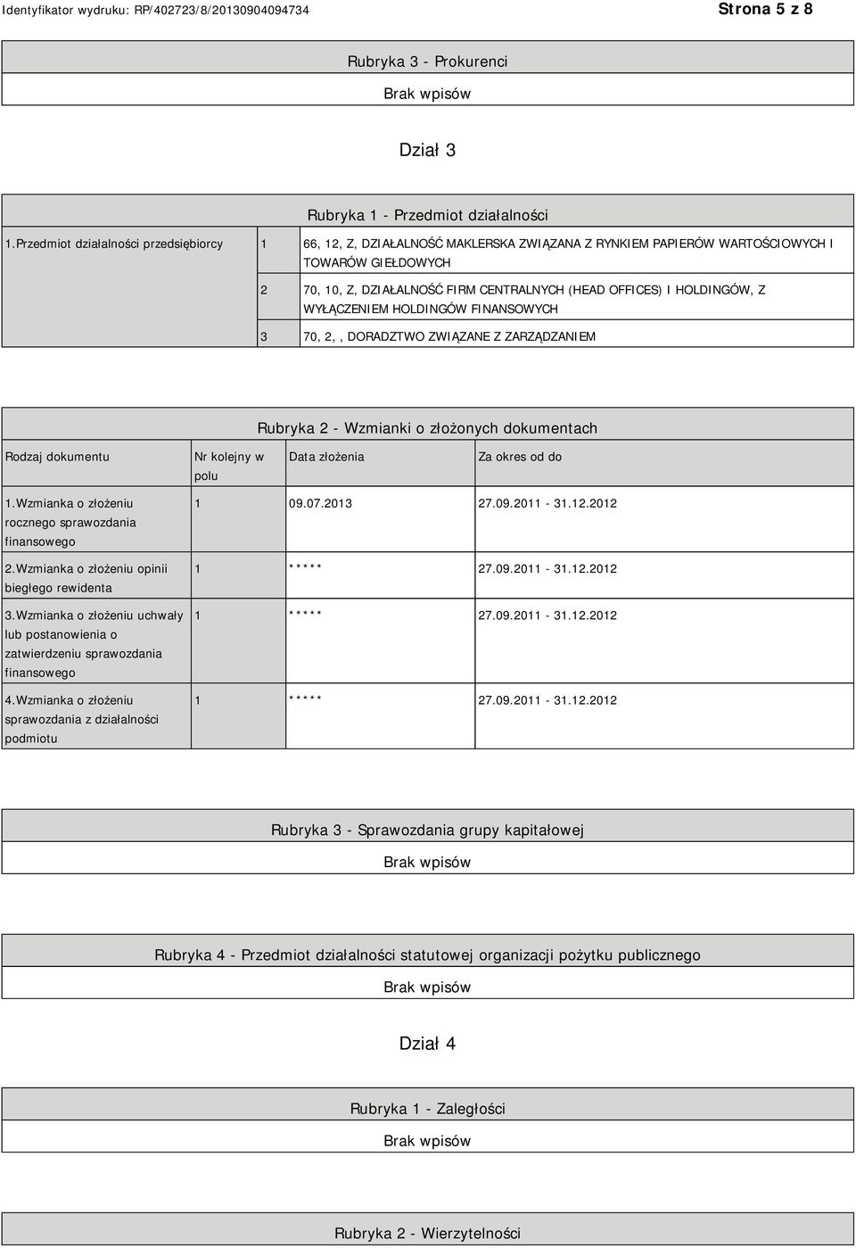 HOLDINGÓW, Z WYŁĄCZEM HOLDINGÓW FINANSOWYCH 3 70, 2,, DORADZTWO ZWIĄZANE Z ZARZĄDZAM Rubryka 2 - Wzmianki o złożonych dokumentach Rodzaj dokumentu Nr kolejny w polu Data złożenia Za okres od do 1.