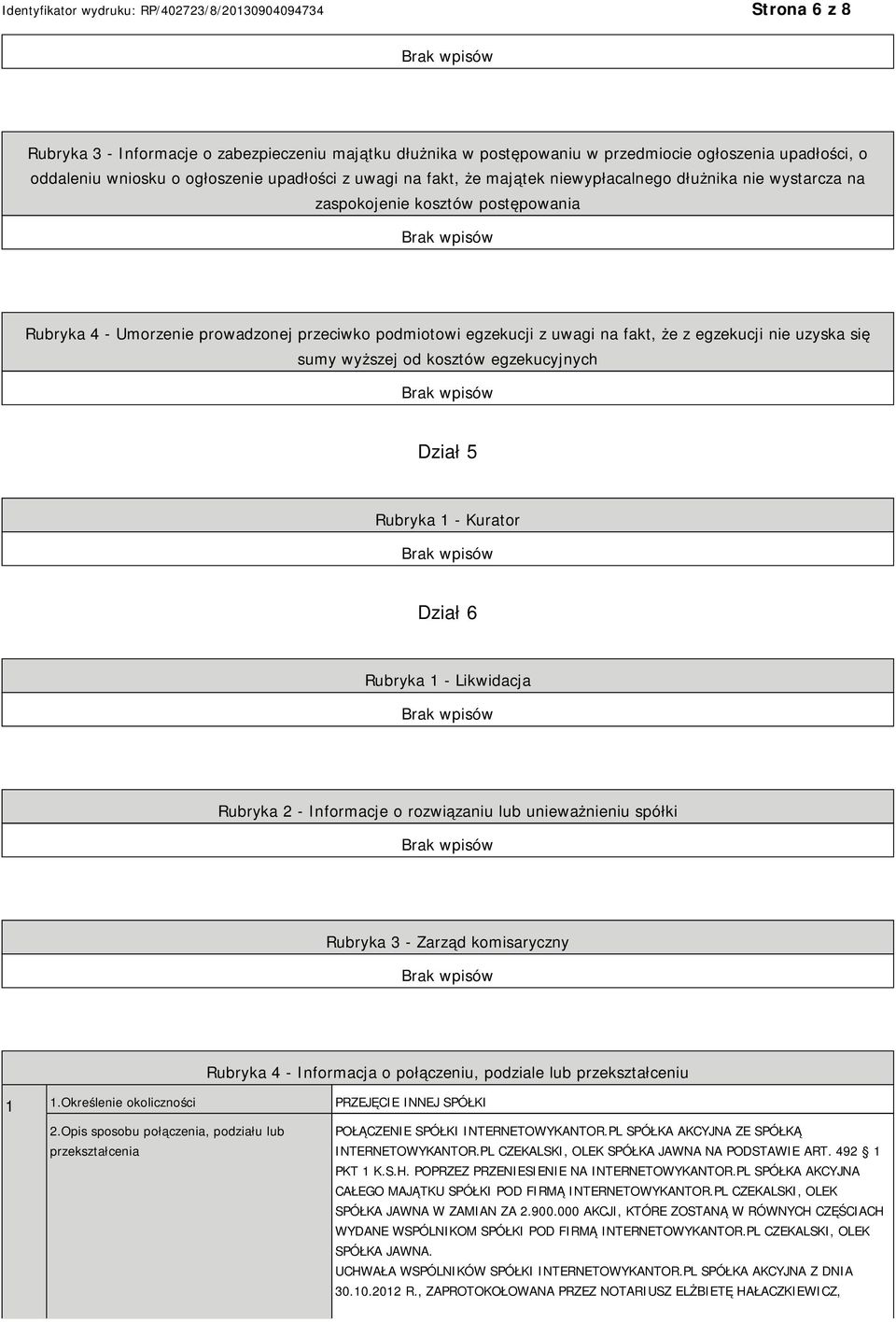 wyższej od kosztów egzekucyjnych Dział 5 Rubryka 1 - Kurator Dział 6 Rubryka 1 - Likwidacja Rubryka 2 - Informacje o rozwiązaniu lub unieważnieniu spółki Rubryka 3 - Zarząd komisaryczny Rubryka 4 -