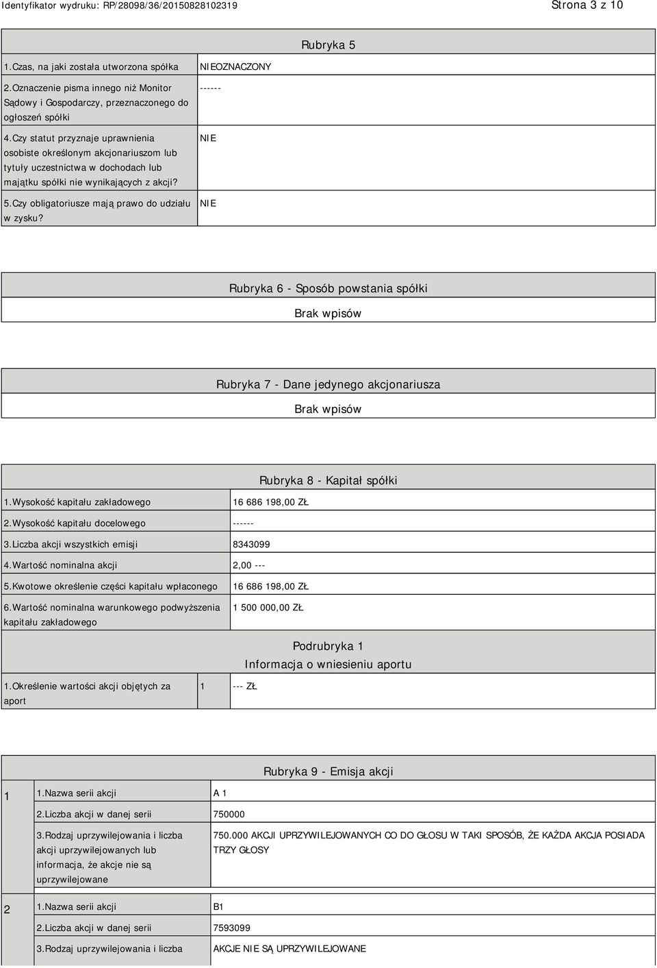OZNACZONY ------ Rubryka 6 - Sposób powstania spółki Rubryka 7 - Dane jedynego akcjonariusza Rubryka 8 - Kapitał spółki 1.Wysokość kapitału zakładowego 16 686 198,00 ZŁ 2.