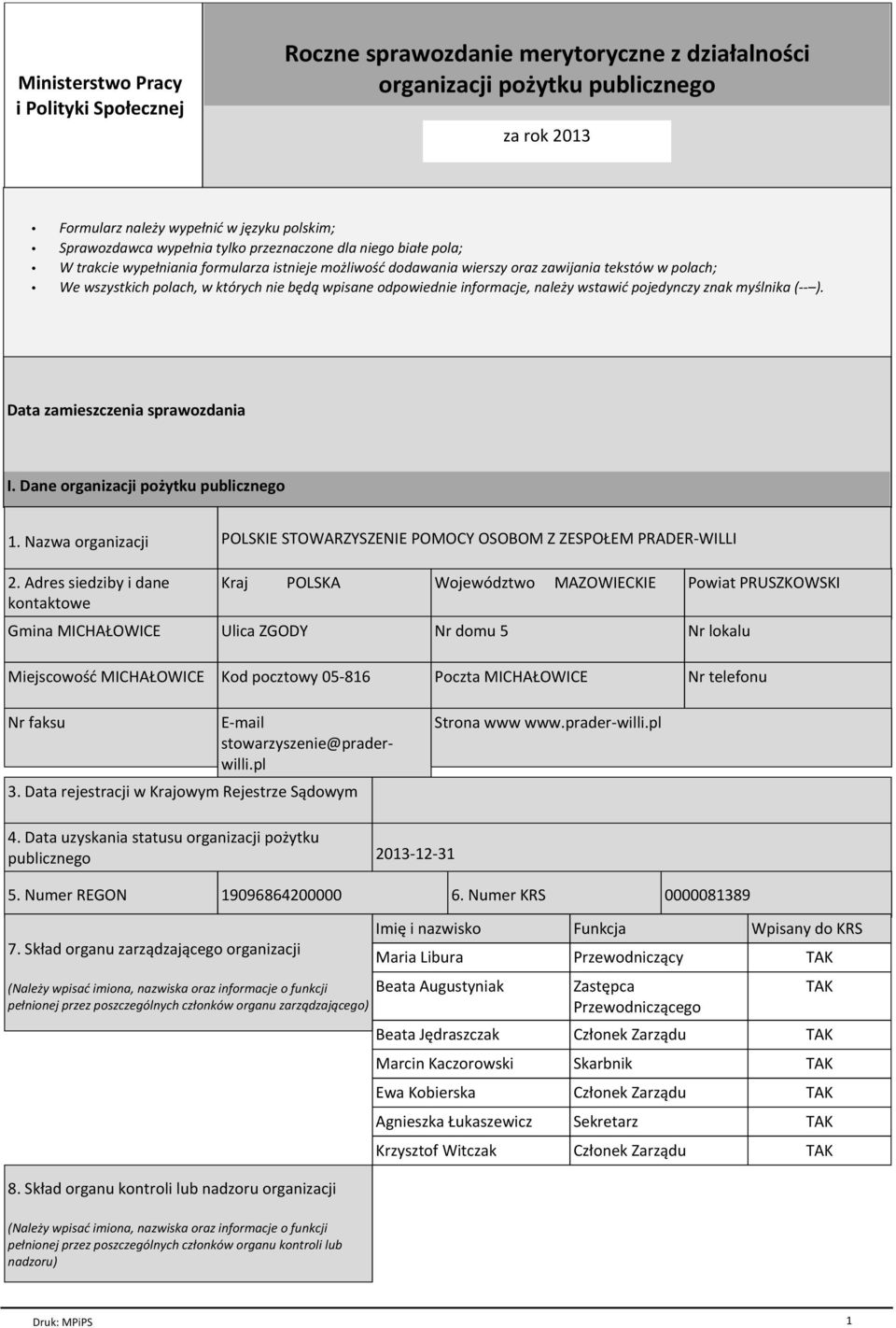 odpowiednie informacje, należy wstawić pojedynczy znak myślnika (-- ). Data zamieszczenia sprawozdania I. Dane organizacji pożytku publicznego 1. Nazwa organizacji 2.