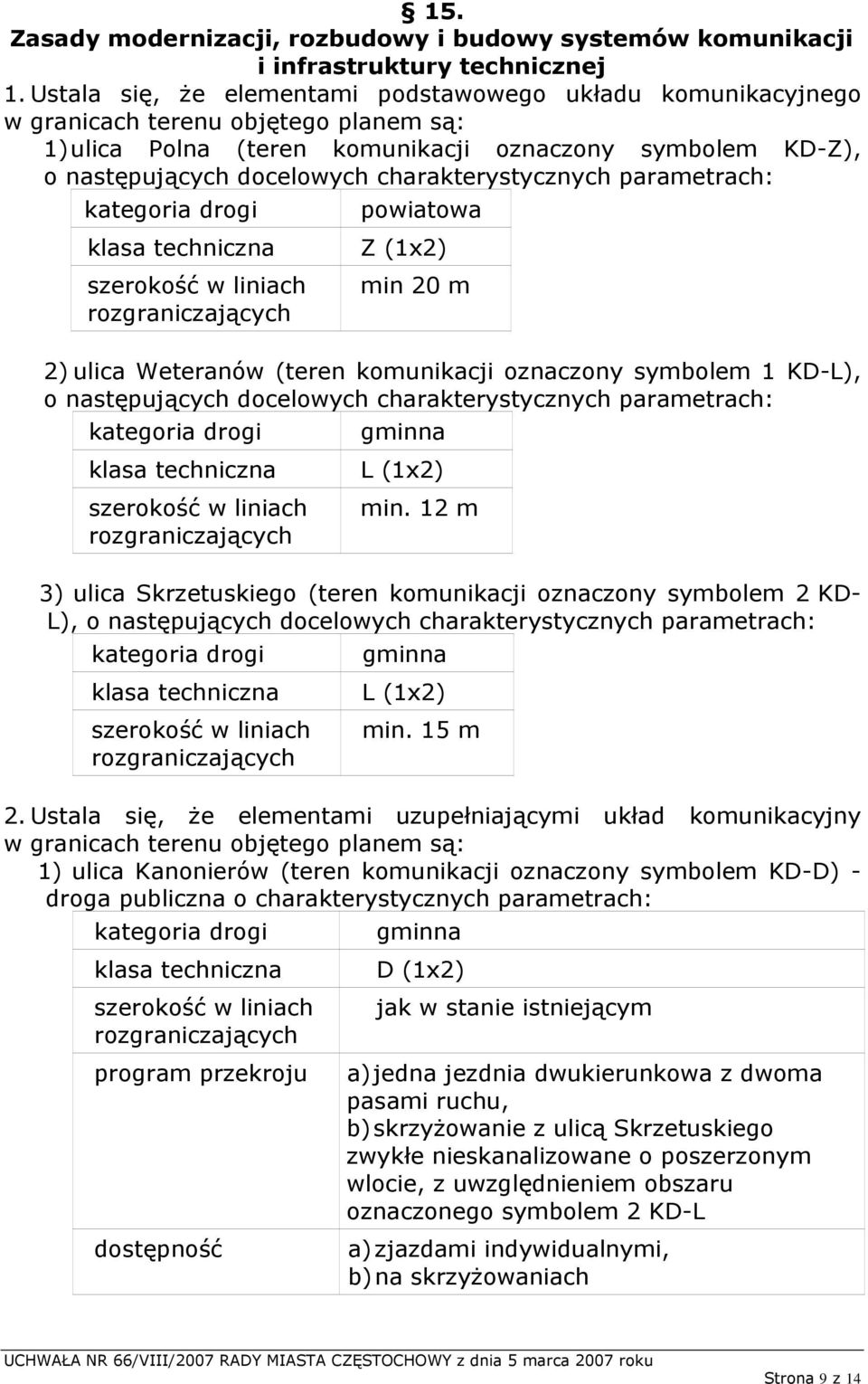 charakterystycznych parametrach: kategoria drogi powiatowa klasa techniczna Z (1x2) szerokość w liniach min 20 m rozgraniczających 2) ulica Weteranów (teren komunikacji oznaczony symbolem 1 KD-L), o