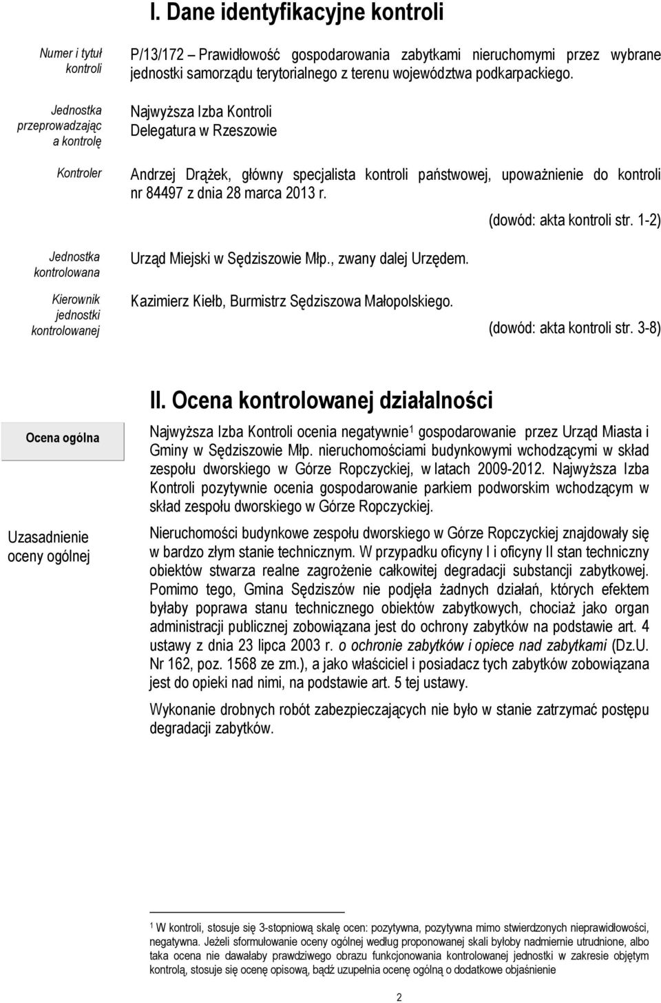 Najwyższa Izba Kontroli Delegatura w Rzeszowie Andrzej Drążek, główny specjalista kontroli państwowej, upoważnienie do kontroli nr 84497 z dnia 28 marca 2013 r. Urząd Miejski w Sędziszowie Młp.