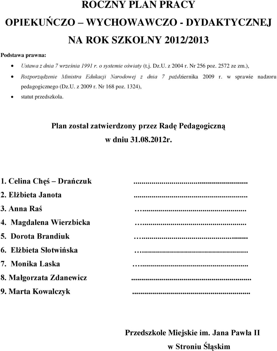 1324), statut przedszkola. Plan został zatwierdzony przez Radę Pedagogiczną w dniu 31.08.2012r. 1. Celina Chęś Drańczuk... 2. Elżbieta Janota... 3. Anna Raś... 4.