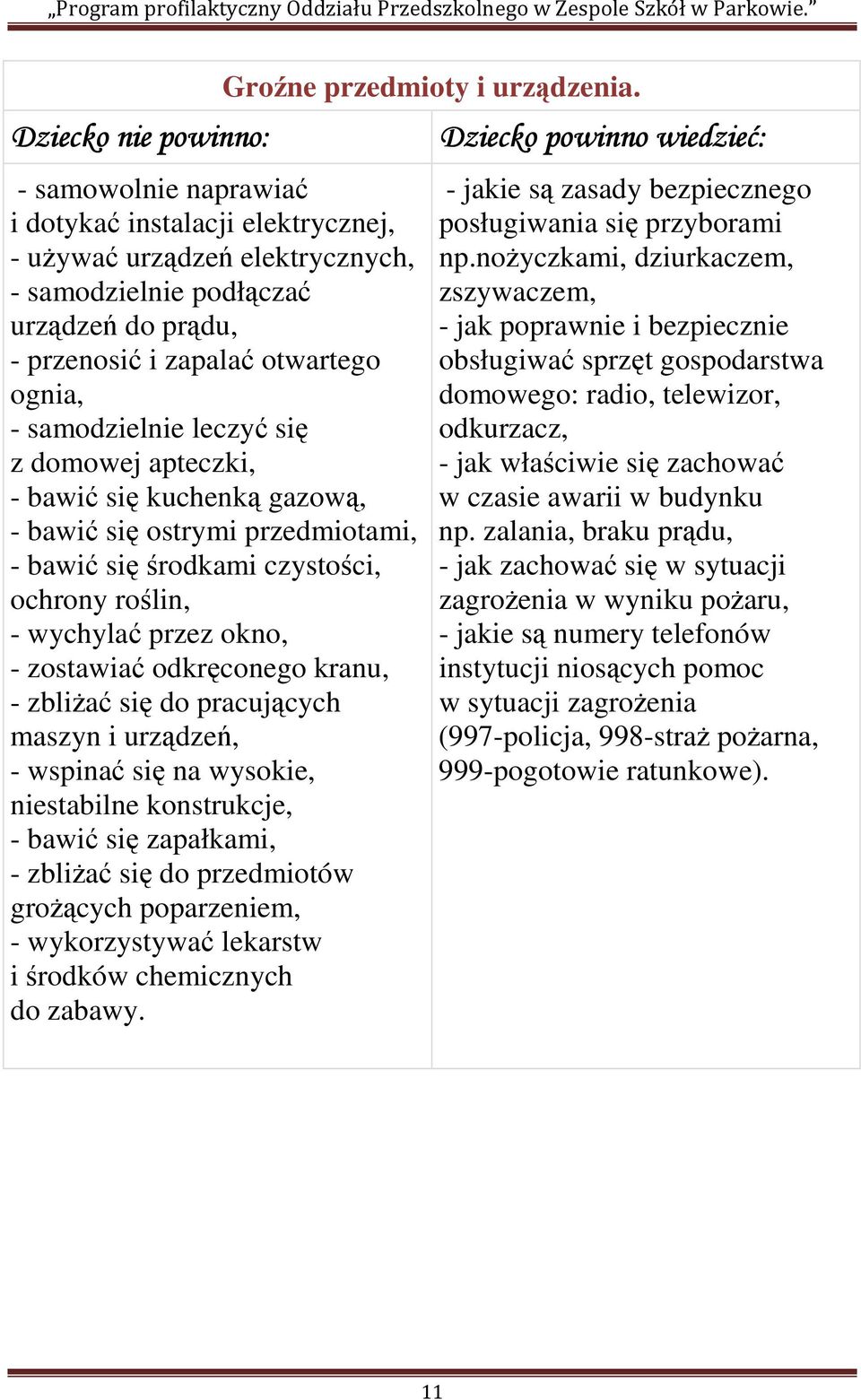 do pracujących maszyn i urządzeń, - wspinać się na wysokie, niestabilne konstrukcje, - bawić się zapałkami, - zbliżać się do przedmiotów grożących poparzeniem, - wykorzystywać lekarstw i środków