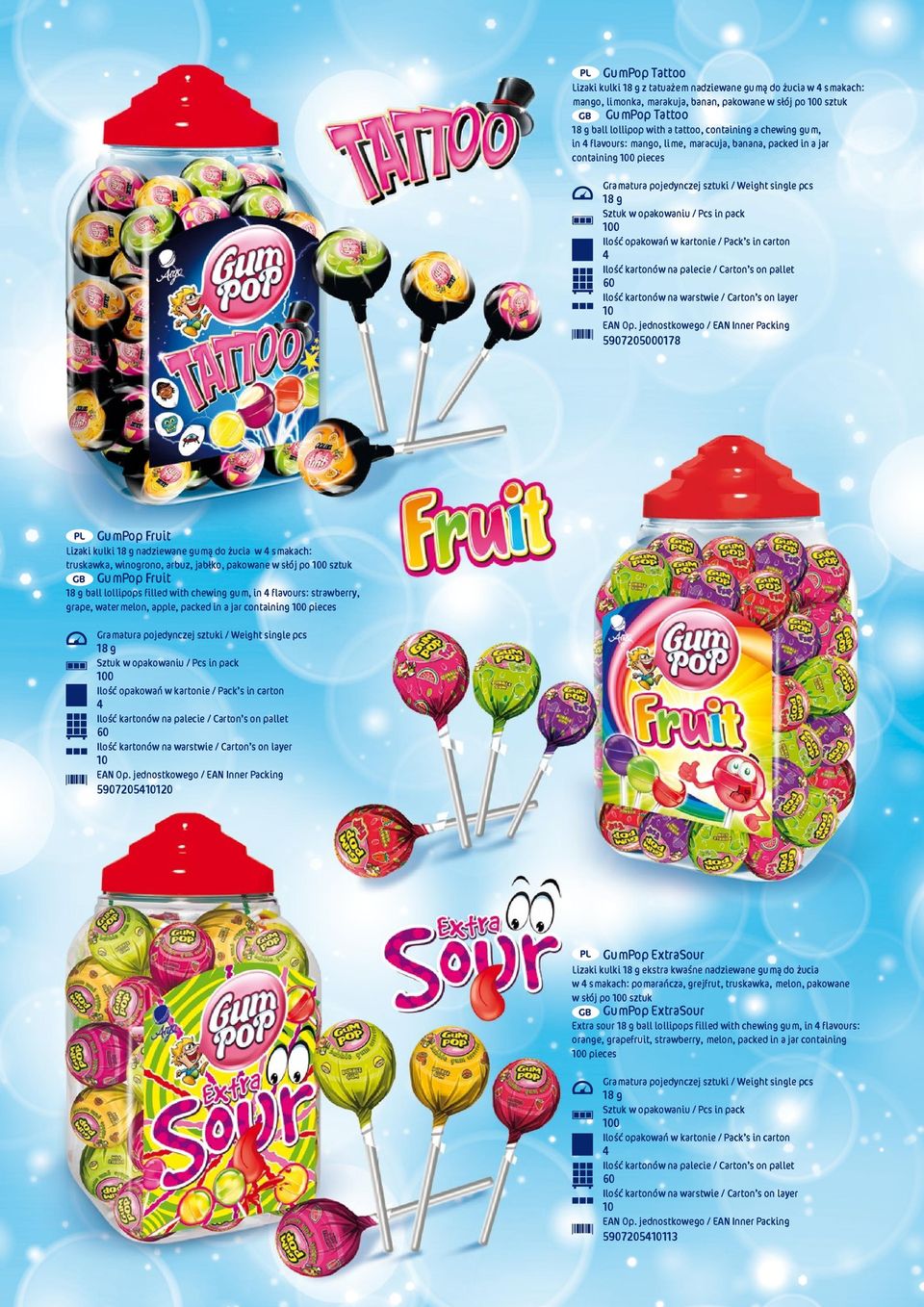 pakowane w słój po sztuk GumPop Fruit ball lollipops filled with chewing gum, in flavours: strawberry, grape, watermelon, apple, packed in a jar containing pieces 5907205120 GumPop ExtraSour Lizaki