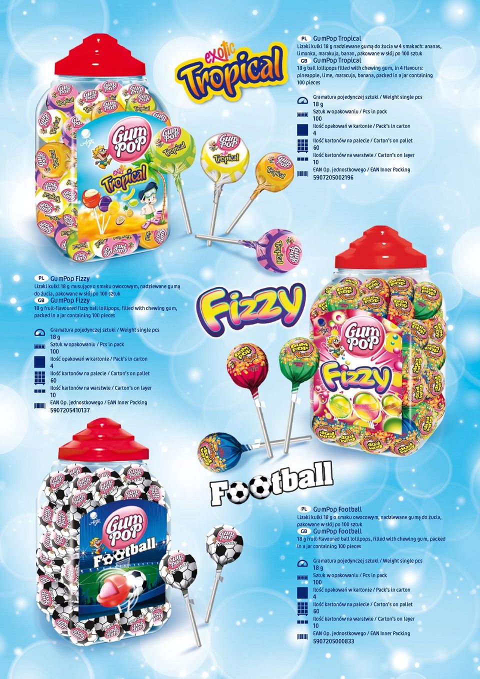 pakowane w słój po sztuk GumPop Fizzy fruit-flavoured fizzy ball lollipops, filled with chewing gum, packed in a jar containing pieces 5907205137 GumPop Football Lizaki kulki o