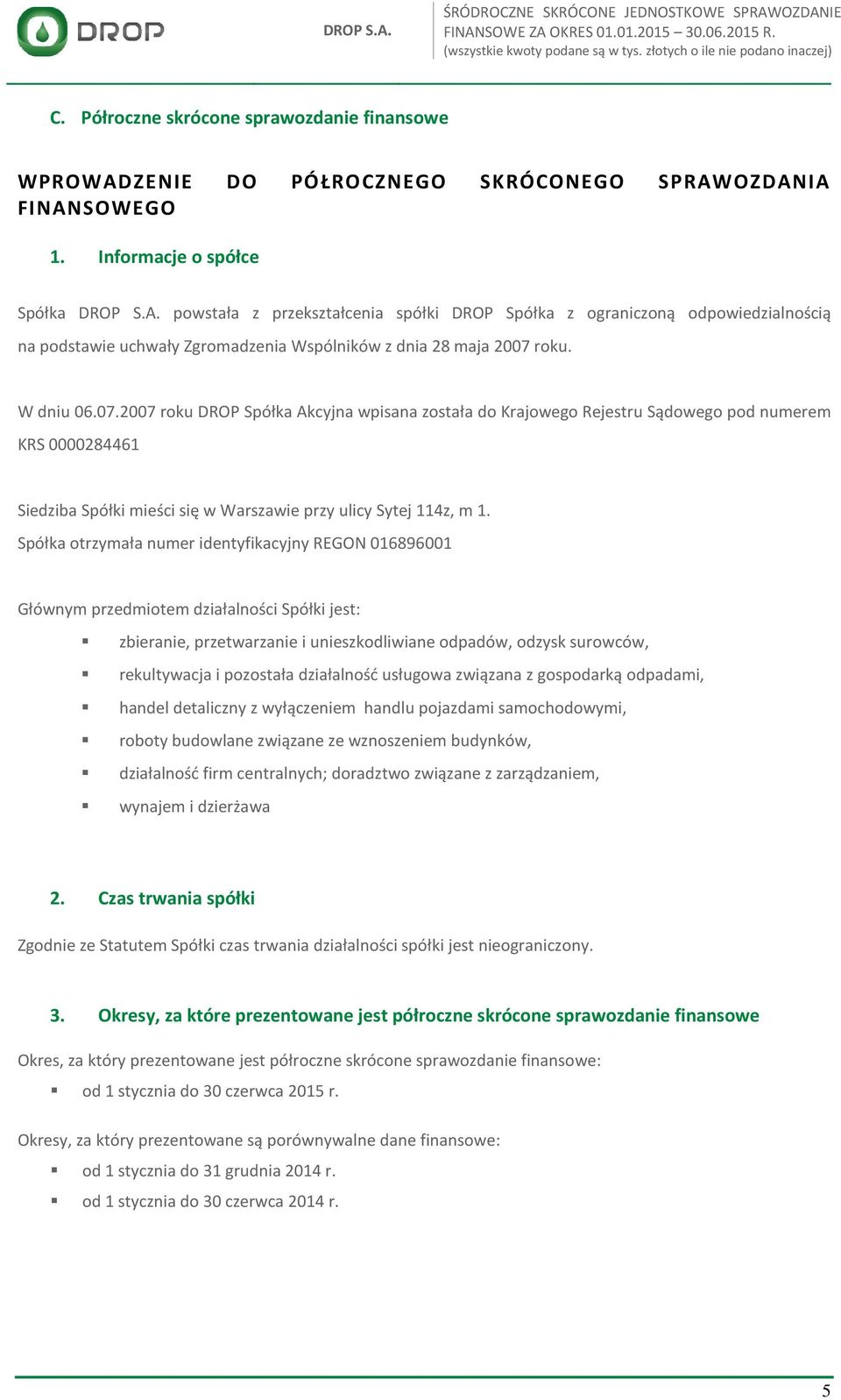 W dniu 06.07.2007 roku DROP Spółka Akcyjna wpisana została do Krajowego Rejestru Sądowego pod numerem KRS 0000284461 Siedziba Spółki mieści się w Warszawie przy ulicy Sytej 114z, m 1.