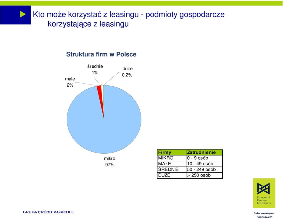 średnie 1% duŝe 0,2% mikro 97% Firmy MIKRO MAŁE ŚREDNIE