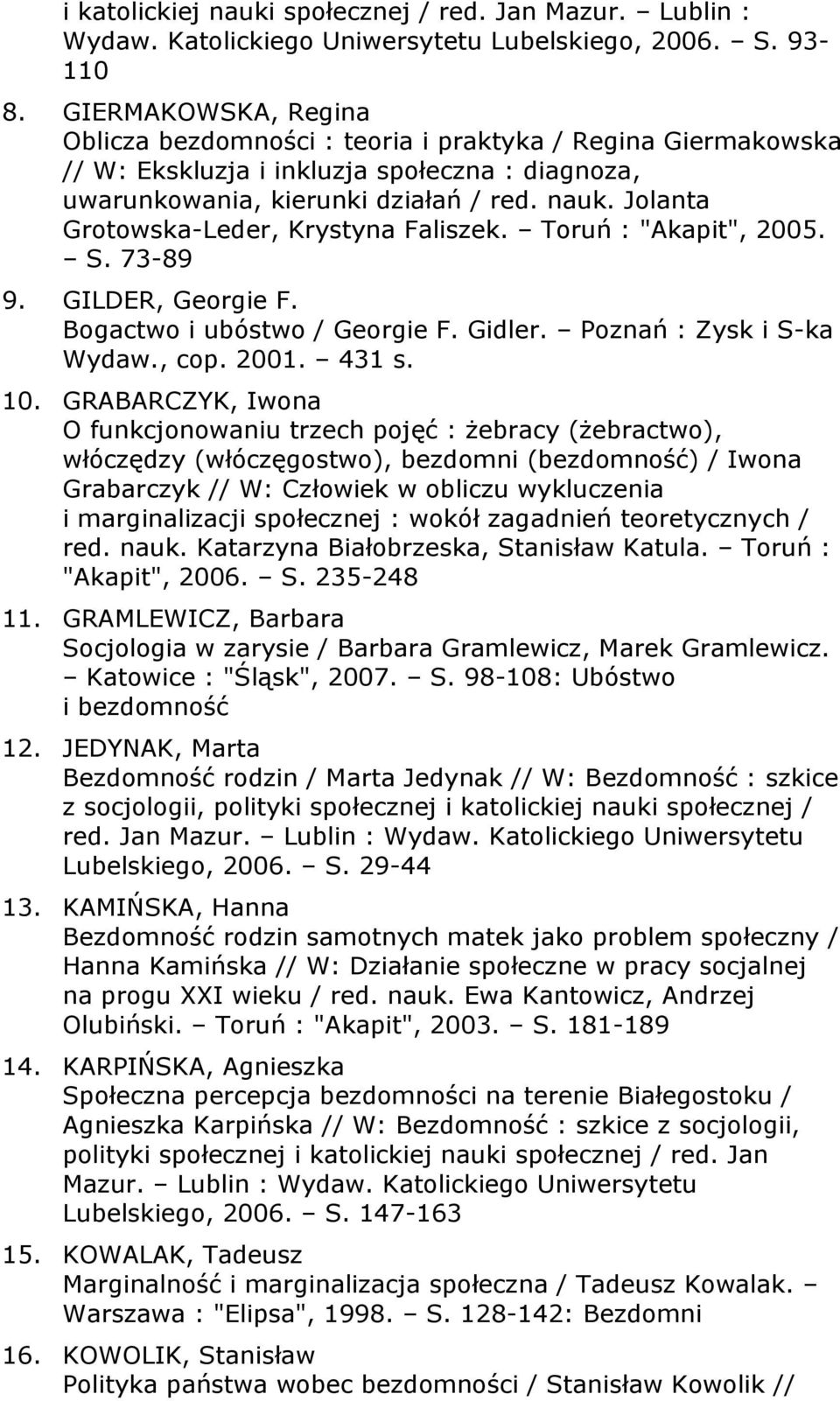 Jolanta Grotowska-Leder, Krystyna Faliszek. Toruń : "Akapit", 2005. S. 73-89 9. GILDER, Georgie F. Bogactwo i ubóstwo / Georgie F. Gidler. Poznań : Zysk i S-ka Wydaw., cop. 2001. 431 s. 10.