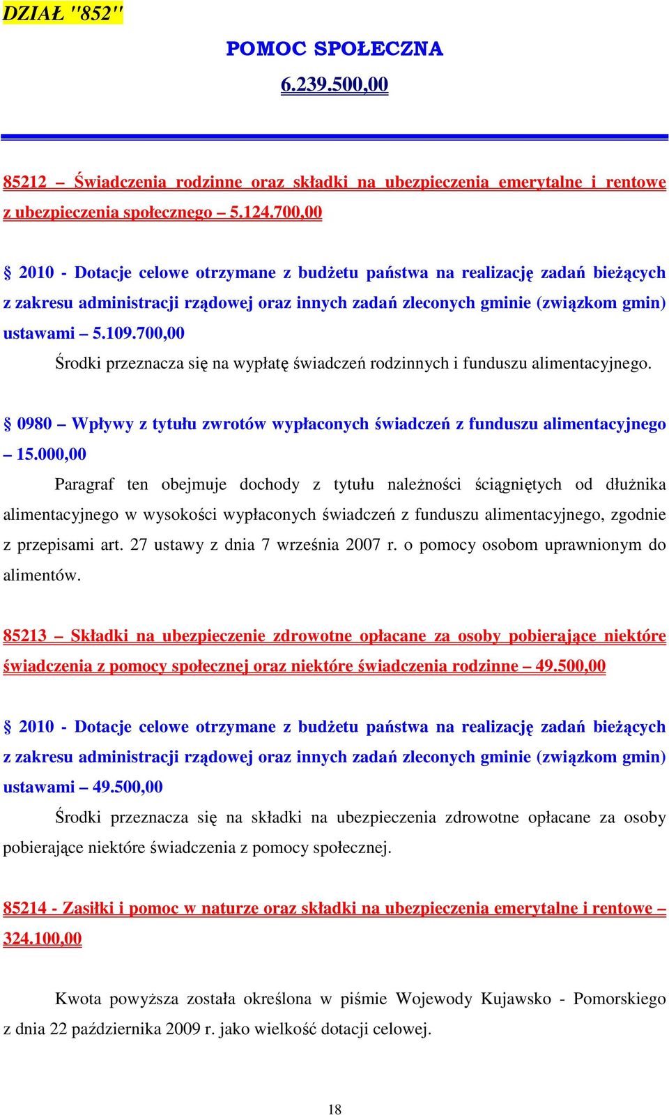 700,00 Środki przeznacza się na wypłatę świadczeń rodzinnych i funduszu alimentacyjnego. 0980 Wpływy z tytułu zwrotów wypłaconych świadczeń z funduszu alimentacyjnego 15.