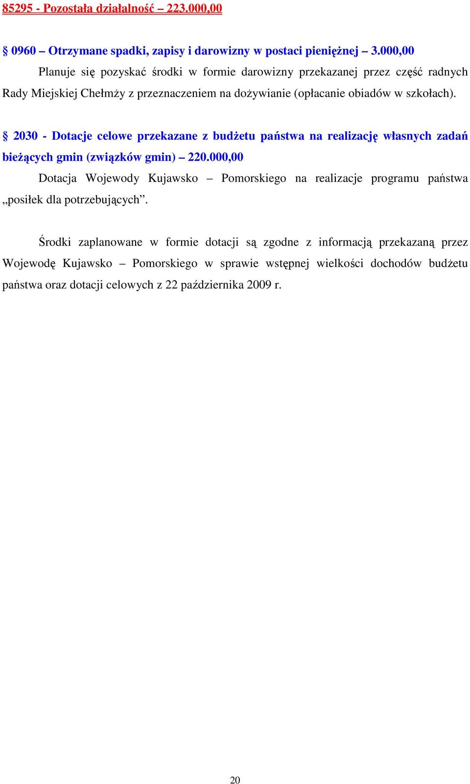 2030 - Dotacje celowe przekazane z budŝetu państwa na realizację własnych zadań bieŝących gmin (związków gmin) 220.