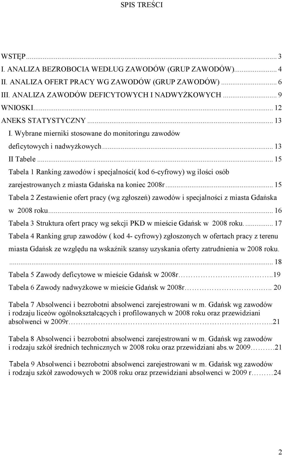 .. 15 Tabela 1 Raning zawodów i specjalności( od 6-cyfrowy) wg ilości osób zarejestrowanych z miasta Gdańsa na oniec 2008r.