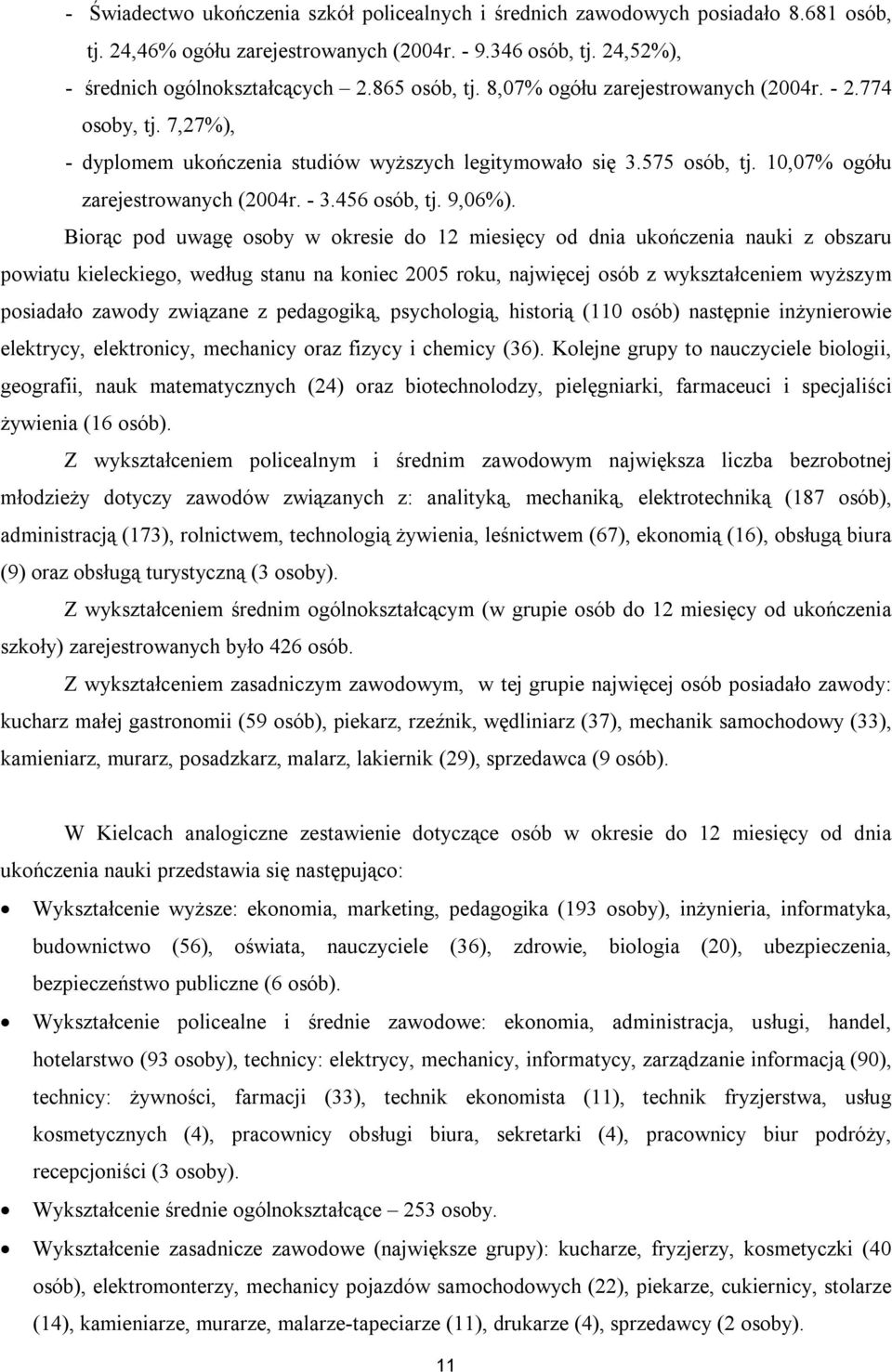 Biorąc pod uwagę osoby w okresie do 12 miesięcy od dnia ukończenia nauki z obszaru powiatu kieleckiego, według stanu na koniec 2005 roku, najwięcej osób z wykształceniem wyższym posiadało zawody