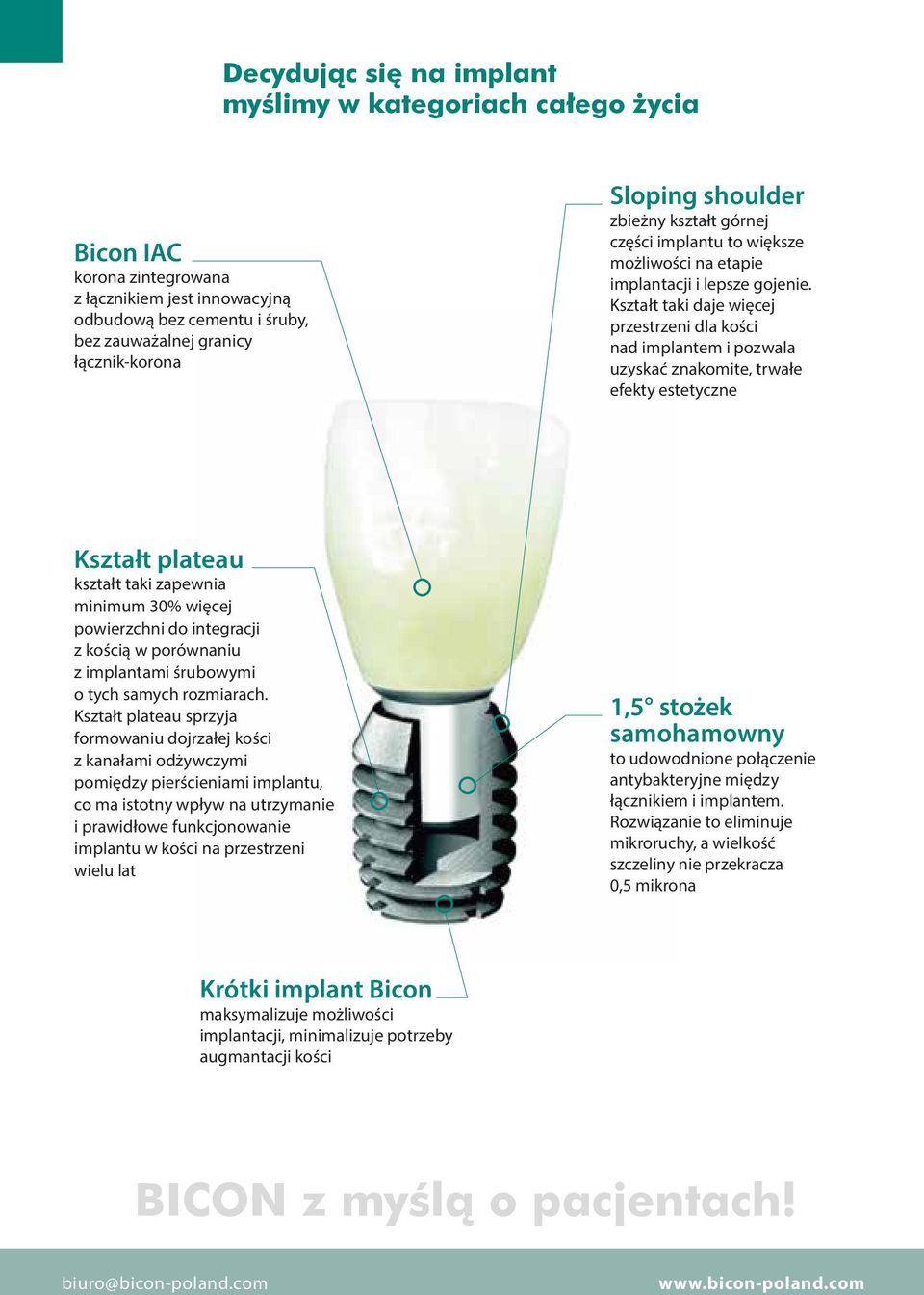 Kształt taki daje więcej przestrzeni dla kości nad implantem i pozwala uzyskać znakomite, trwałe efekty estetyczne Kształt plateau kształt taki zapewnia minimum 30% więcej powierzchni do integracji z