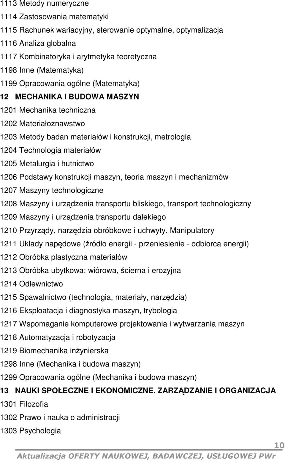 materiałów 1205 Metalurgia i hutnictwo 1206 Podstawy konstrukcji maszyn, teoria maszyn i mechanizmów 1207 Maszyny technologiczne 1208 Maszyny i urz dzenia transportu bliskiego, transport